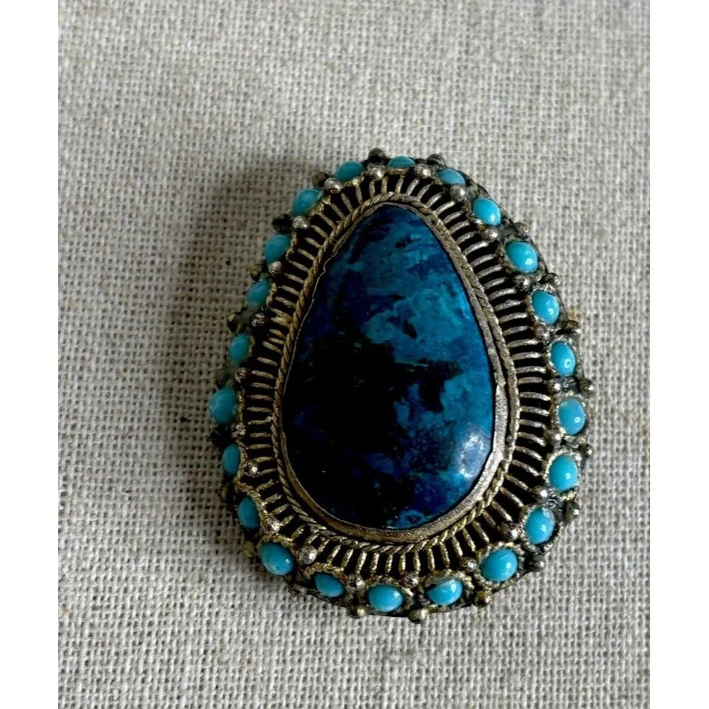 VTG Eilat Stone Turquoise Pendant Brooch Silver plated Made In Israel Jerusalem